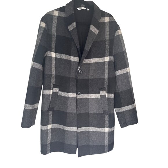 ZARA Womens Medium Gray & Black Plaid Wool Blend Coat - Picture 1 of 16